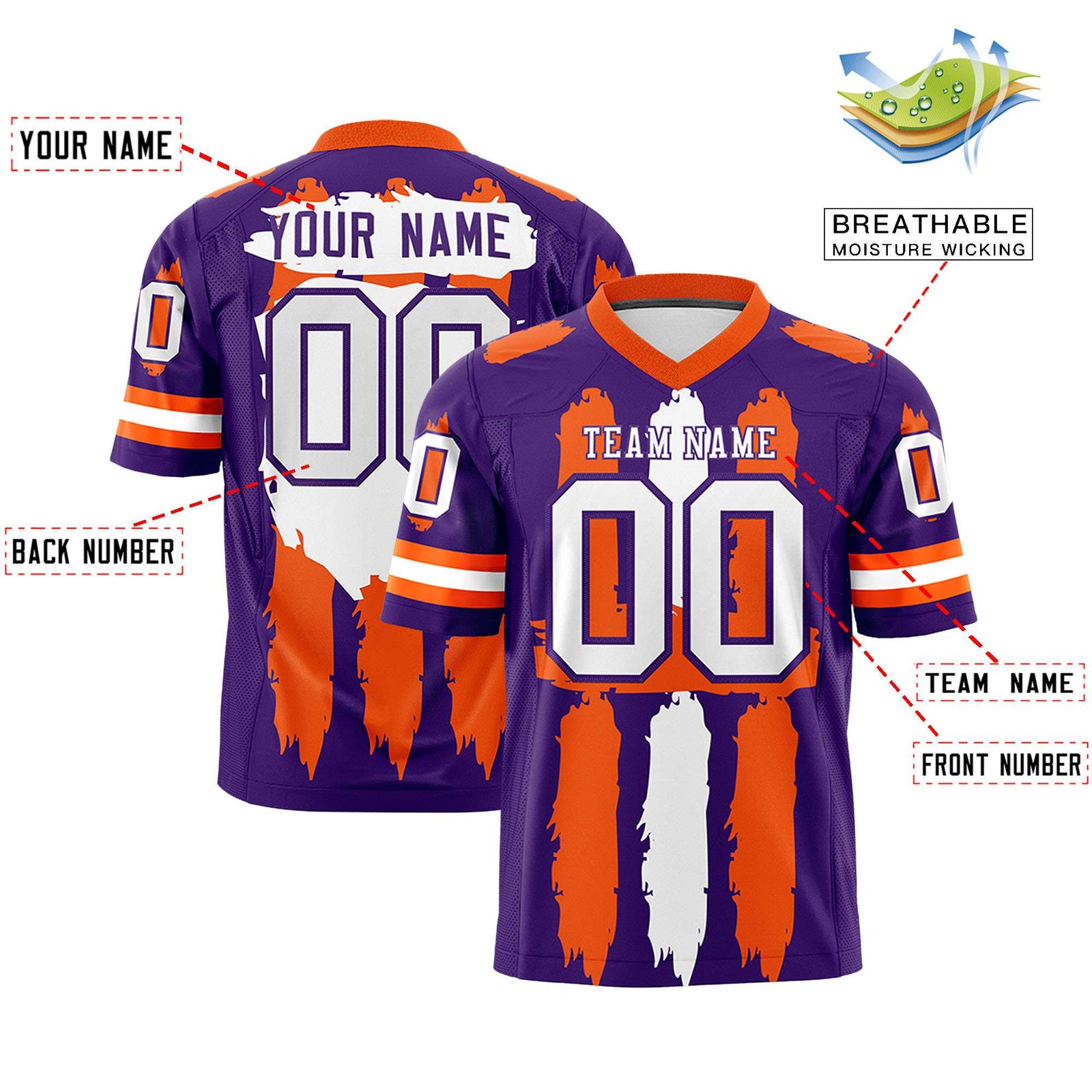 Custom Flag Football Jersey | Purple Orange and White Graffiti Pattern Practice 7on7 Uniforms | Add name, number & logo| KXKSHOP