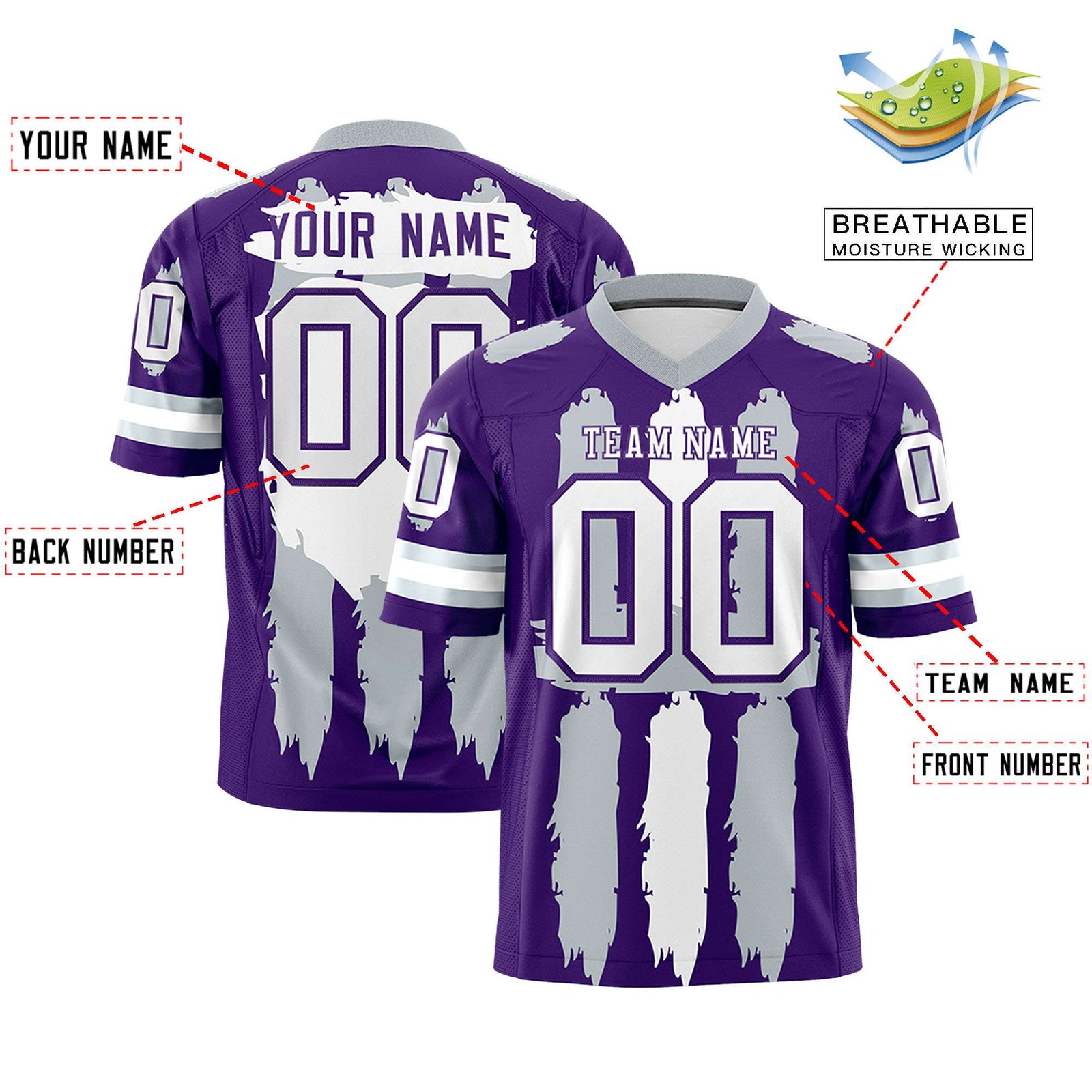 Custom Flag Football Jersey | Purple Silver and White Graffiti Pattern Practice 7on7 Uniforms | Add name, number & logo| KXKSHOP