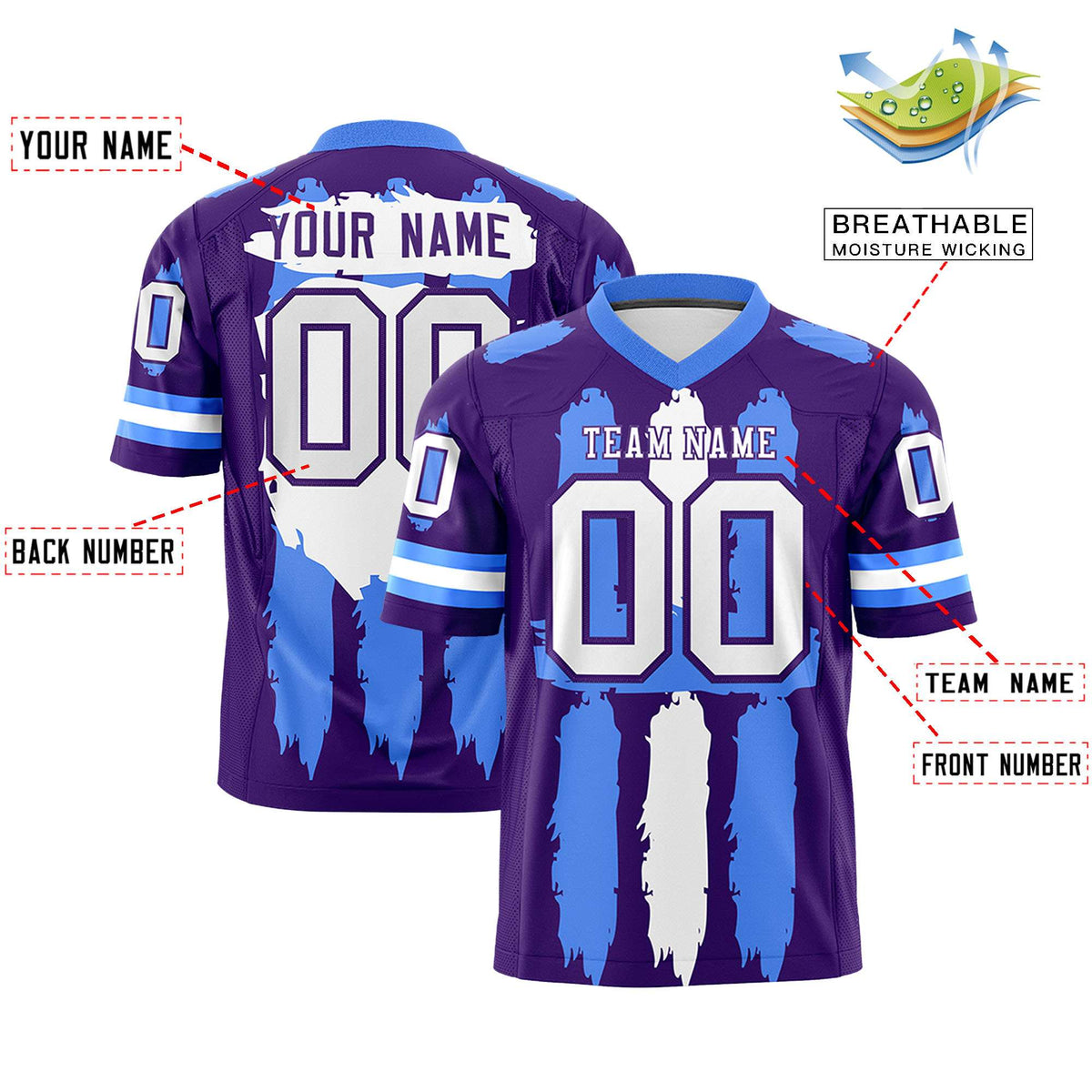 Custom Flag Football Jersey | Purple Powder Blue and White Graffiti Pattern Practice 7on7 Uniforms | Add name, number &amp; logo| KXKSHOP