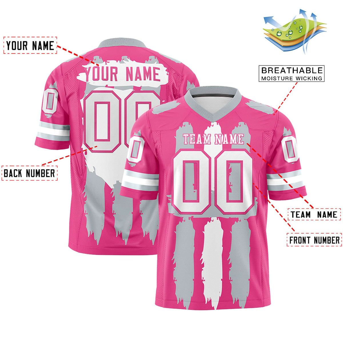 Custom Flag Football Jersey | Pink Silver and White Graffiti Pattern Practice 7on7 Uniforms | Add name, number &amp; logo| KXKSHOP