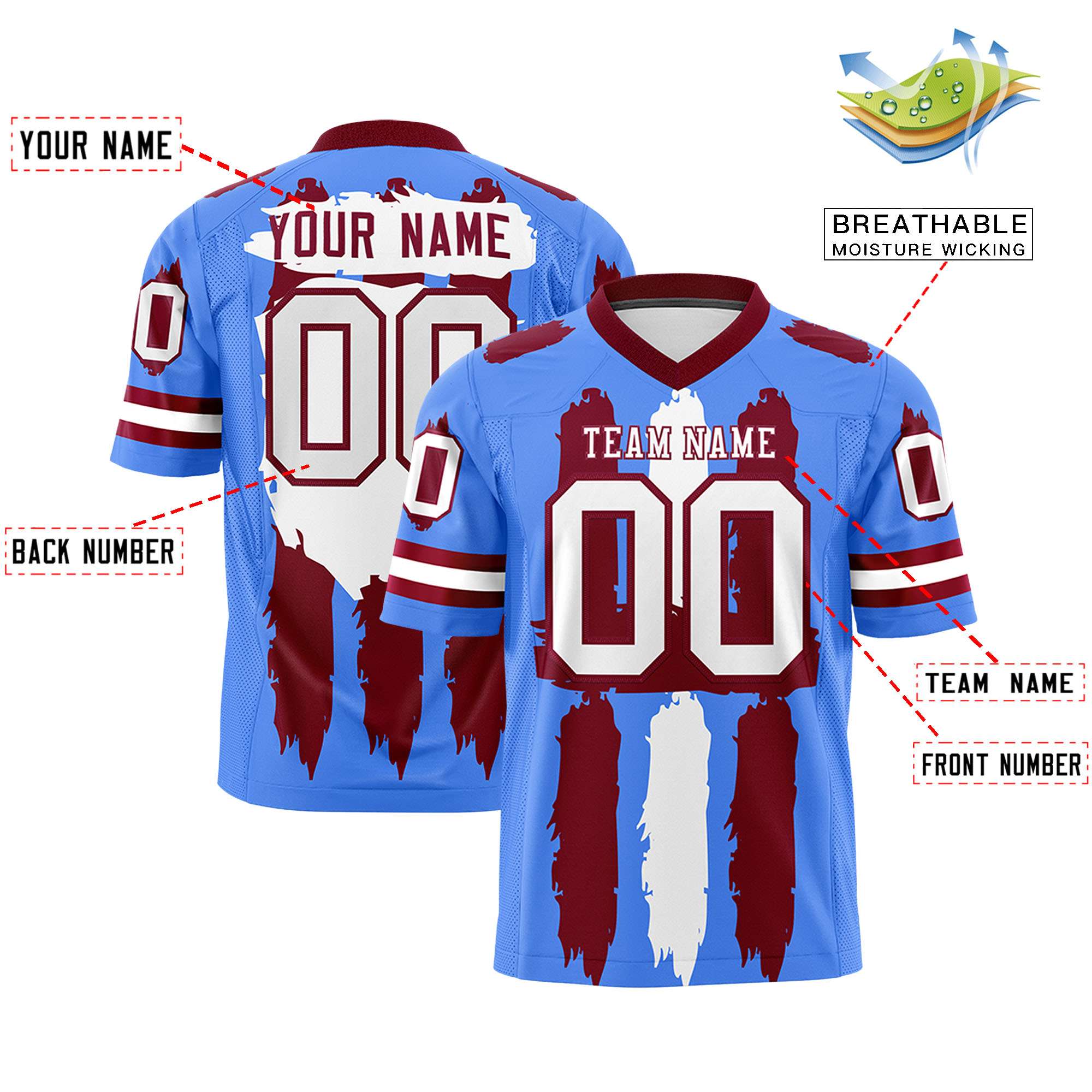 Custom Flag Football Jersey | Powder Blue Crimson and White Graffiti Pattern 7on7 Uniforms | Practice 7on7 Uniforms | Add Name, Number & Logo | KXKSHOP