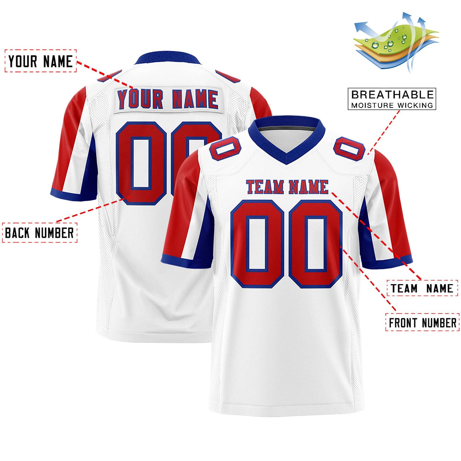 Custom White Red-Royal Color Block Personalized Raglan Sleeves Authentic Football Jersey