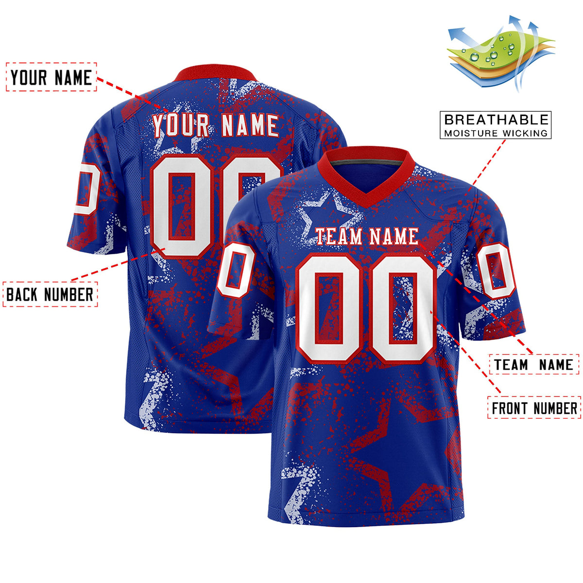 Custom Royal Red-White Personalized Star Graffiti Pattern Authentic Football Jersey