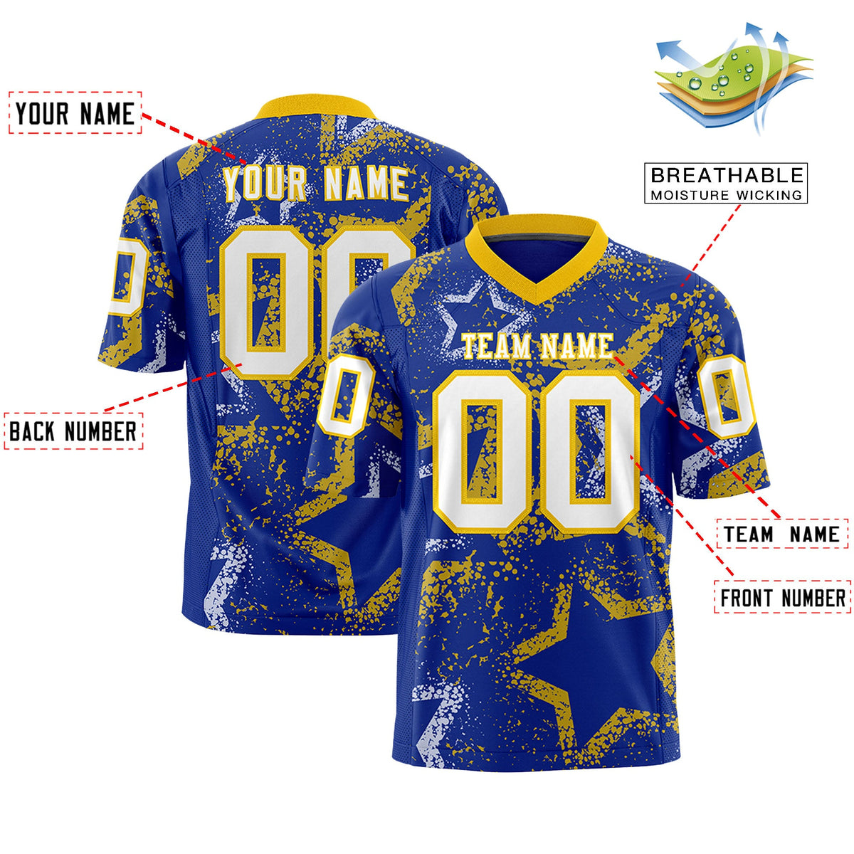 Custom Royal Gold-White Personalized Star Graffiti Pattern Authentic Football Jersey