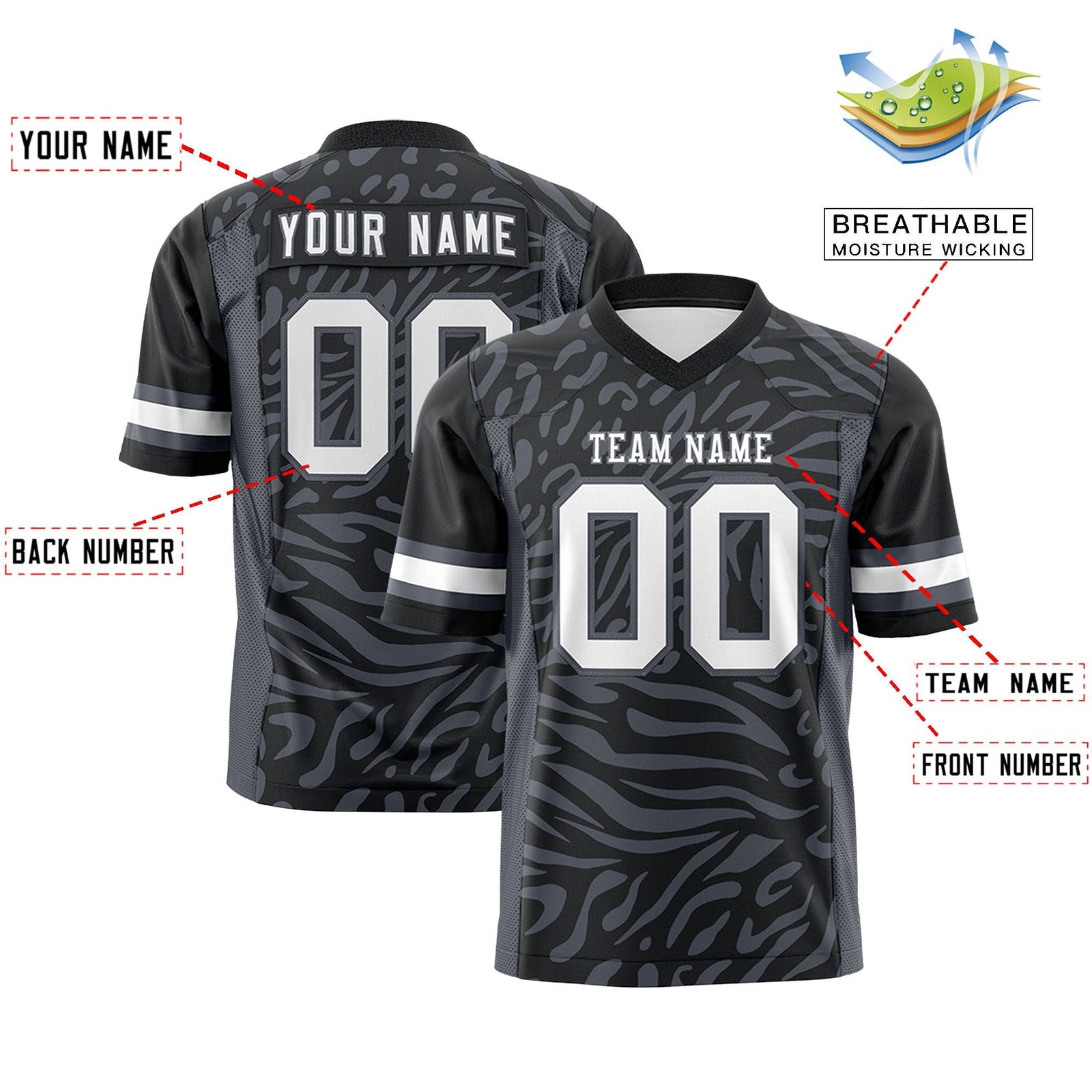 Custom Black White-Dark Gray Personalized Zebra Stripes Pattern Authentic Football Jersey
