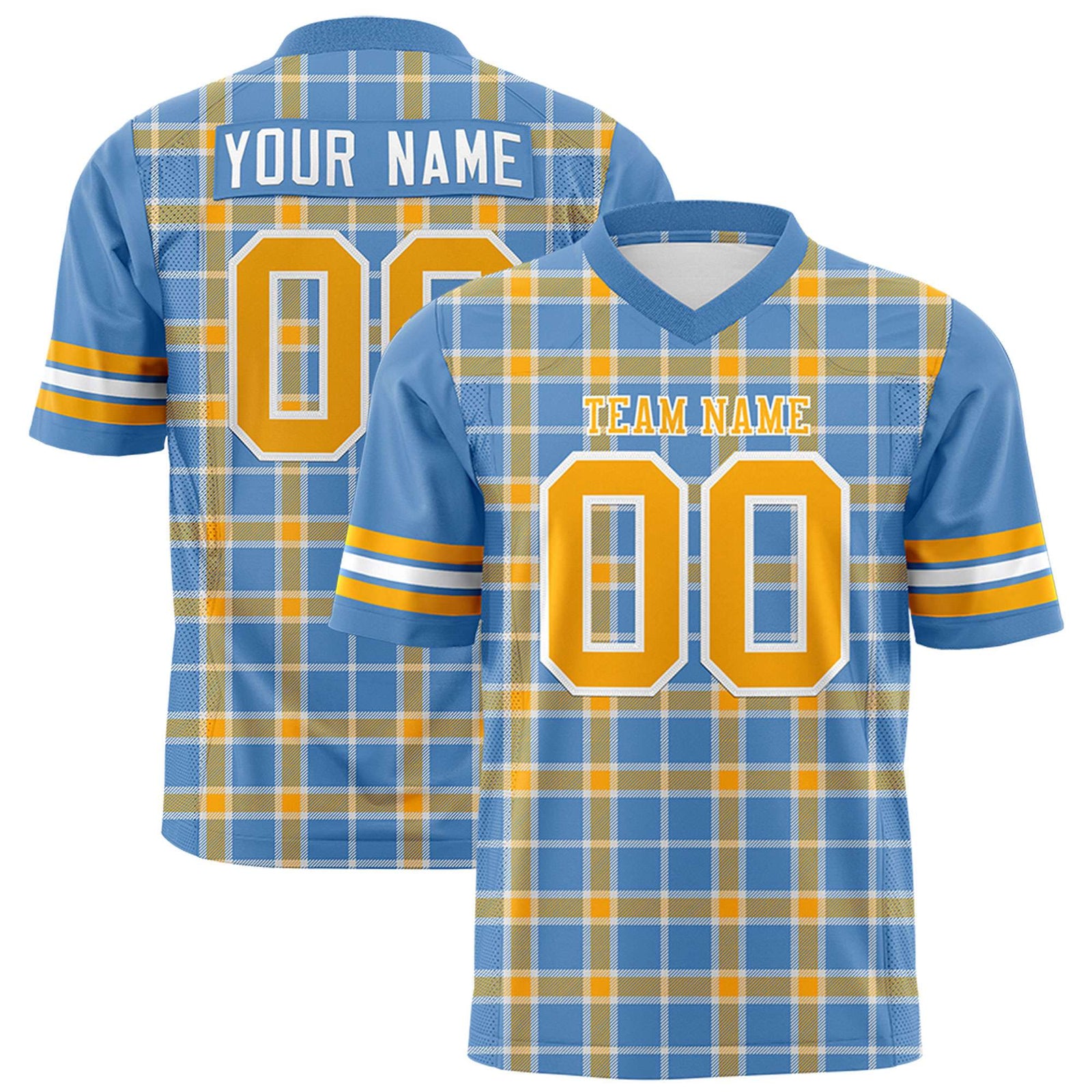 Custom Light Blue Yellow Personalized Plaid Pattern Design Authentic Football Jersey