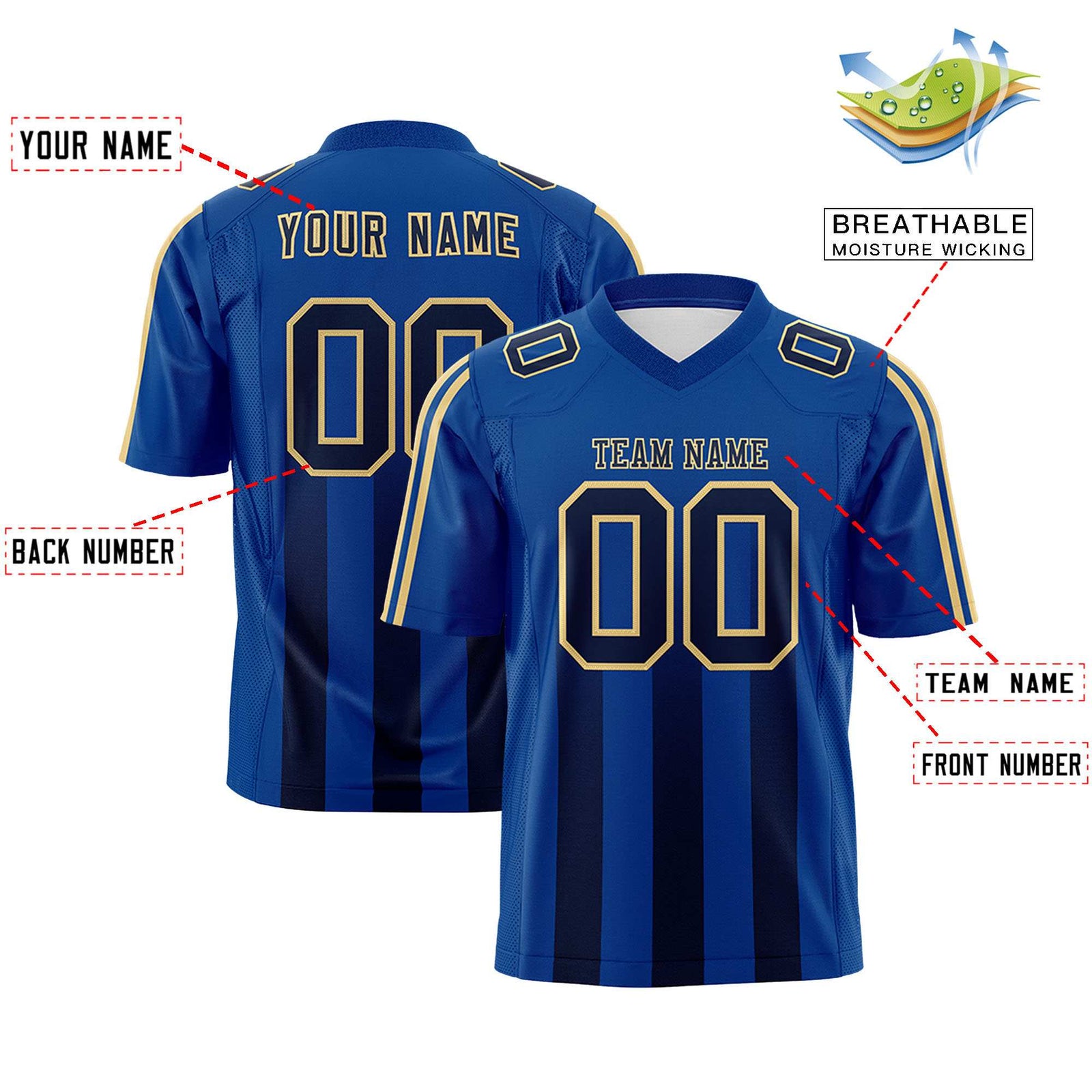 Custom Royal Black Vertical Fine Stripe Gradient Fashion Personalized Team Football Jersey
