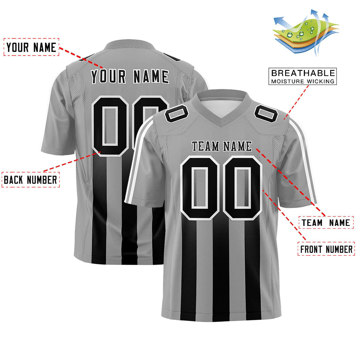 Custom Gray Black Vertical Fine Stripe Gradient Fashion Personalized Team Football Jersey