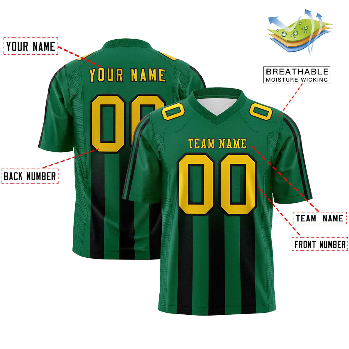 Custom Kelly Green Black Vertical Fine Stripe Gradient Fashion Personalized Team Football Jersey