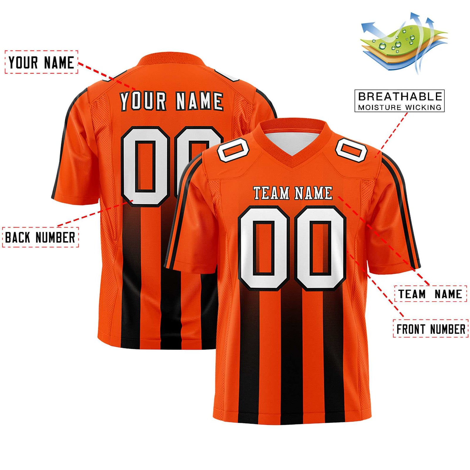 Custom Orange Black Vertical Fine Stripe Gradient Fashion Personalized Team Football Jersey