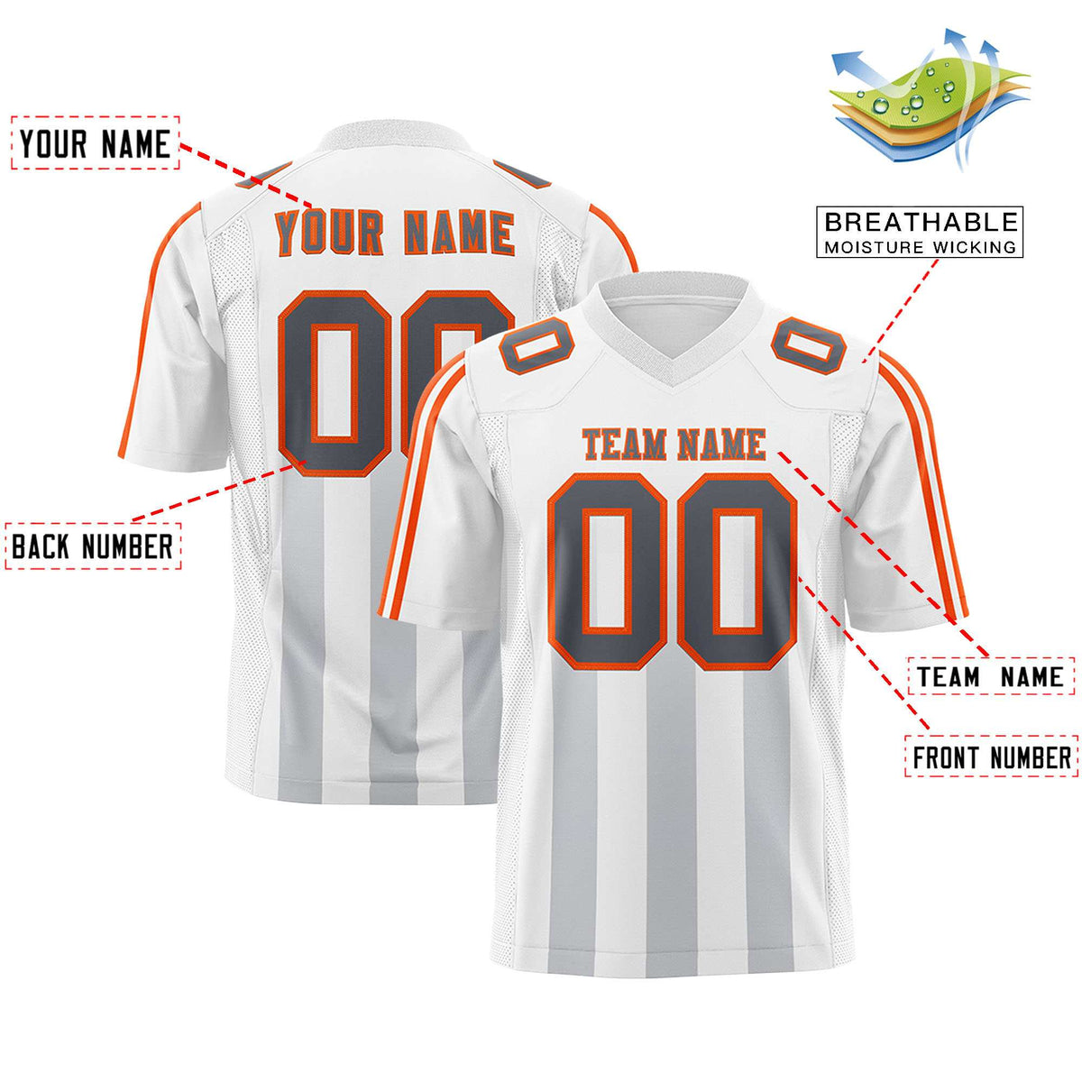 Custom White Gray Vertical Fine Stripe Gradient Fashion Personalized Team Football Jersey