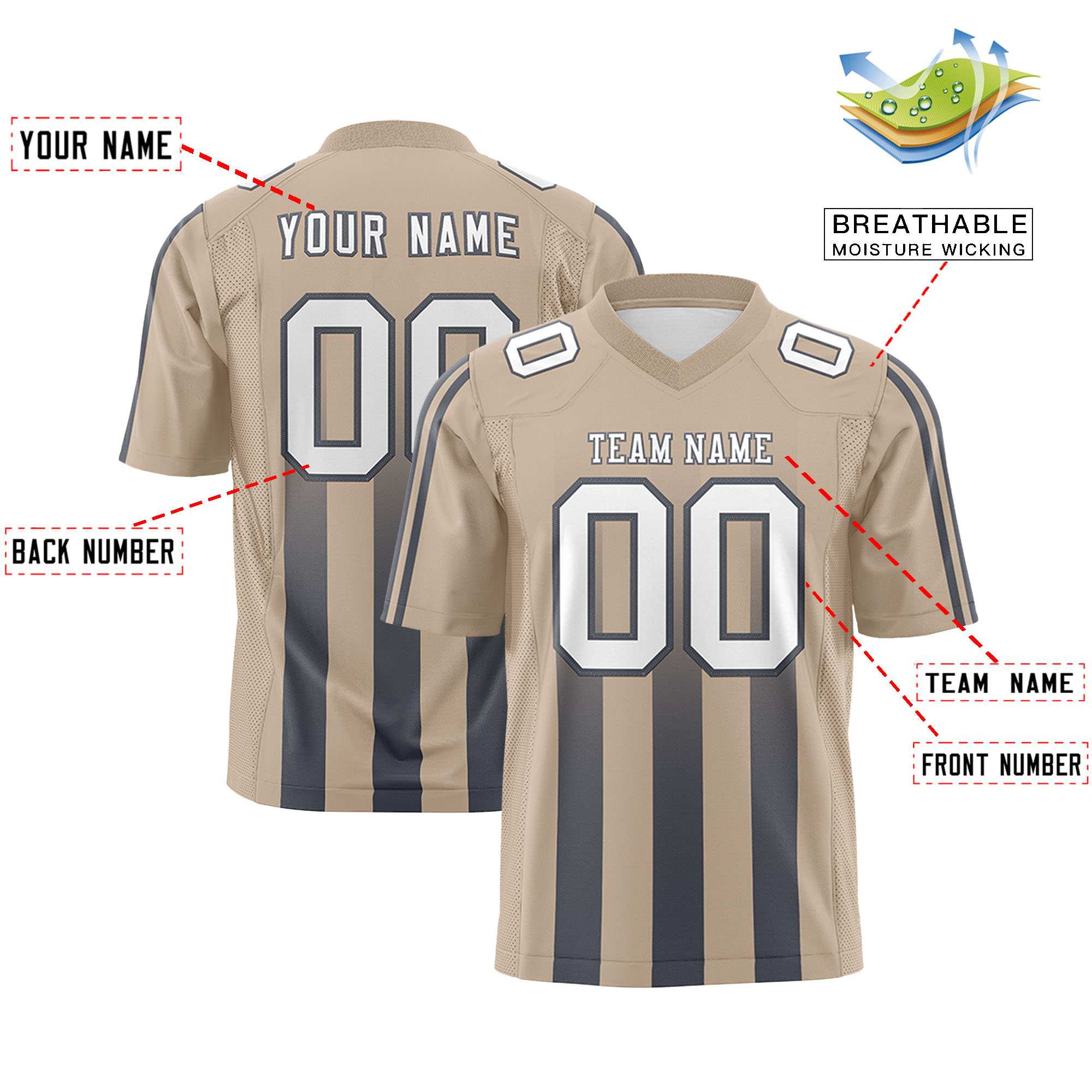 Custom Khaki Dark Gray Vertical Fine Stripe Gradient Fashion Personalized Team Football Jersey