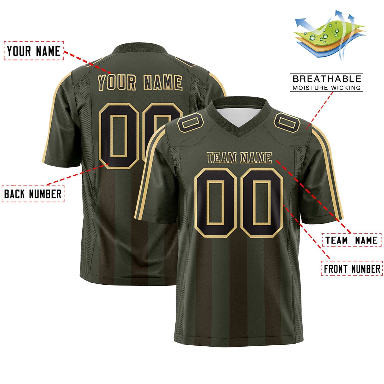 Custom Olive Light Brown Vertical Fine Stripe Gradient Fashion Personalized Team Football Jersey