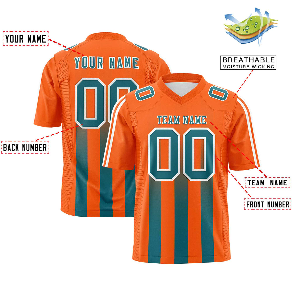 Custom Orange Aqua Vertical Fine Stripe Gradient Fashion Personalized Team Football Jersey