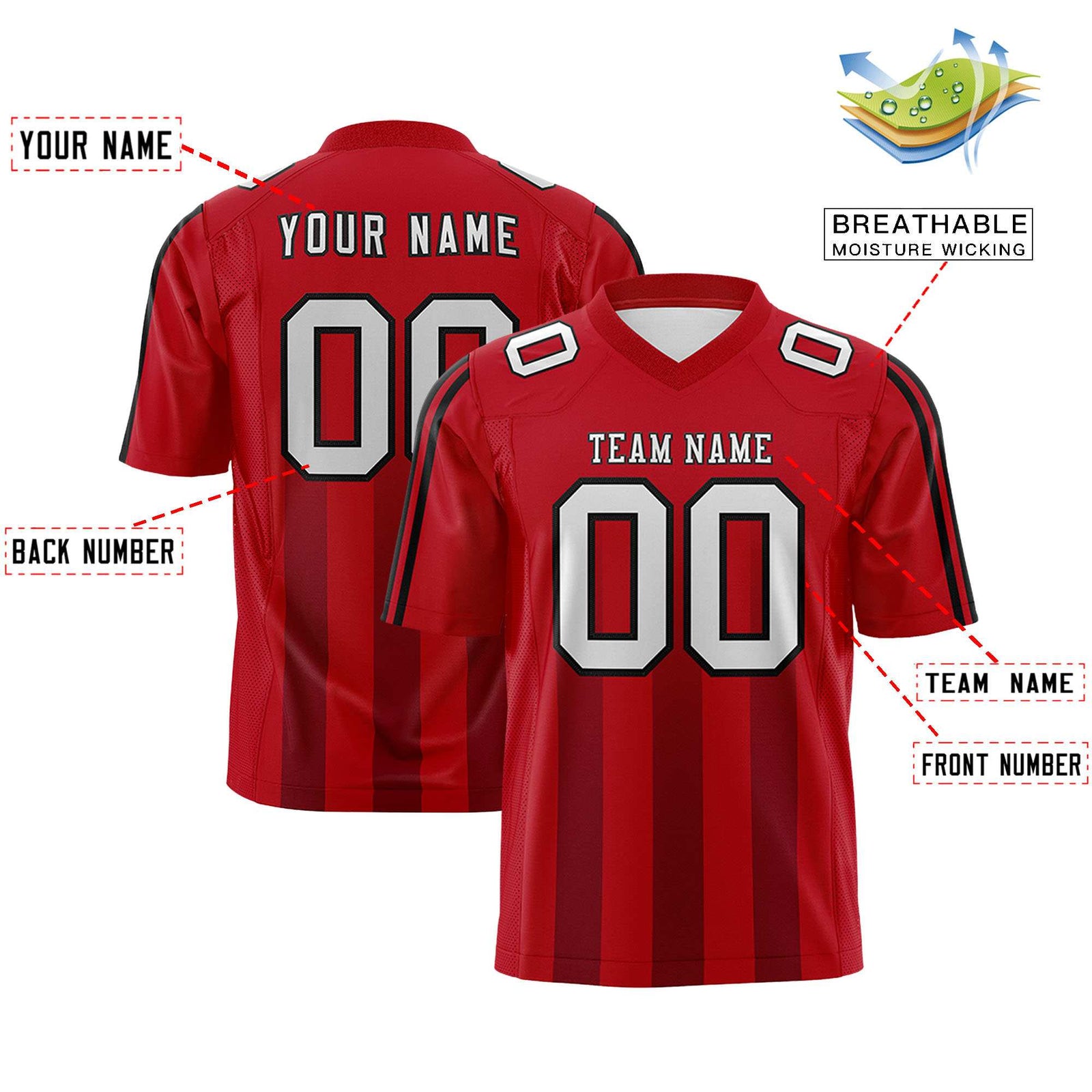 Custom Red Black Vertical Fine Stripe Gradient Fashion Personalized Team Football Jersey