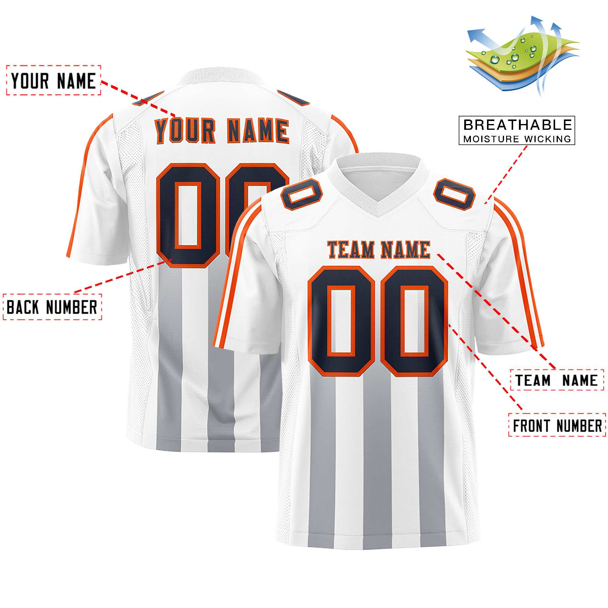 Custom White Gray Vertical Fine Stripe Gradient Fashion Personalized Team Football Jersey