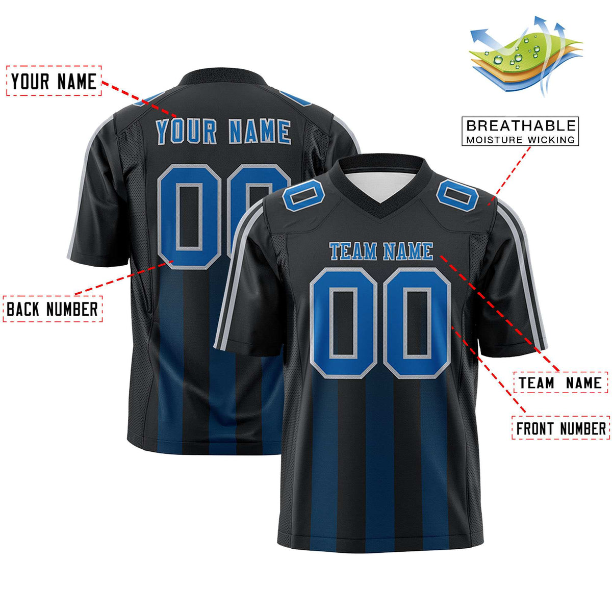 Custom Black Royal Vertical Fine Stripe Gradient Fashion Personalized Team Football Jersey