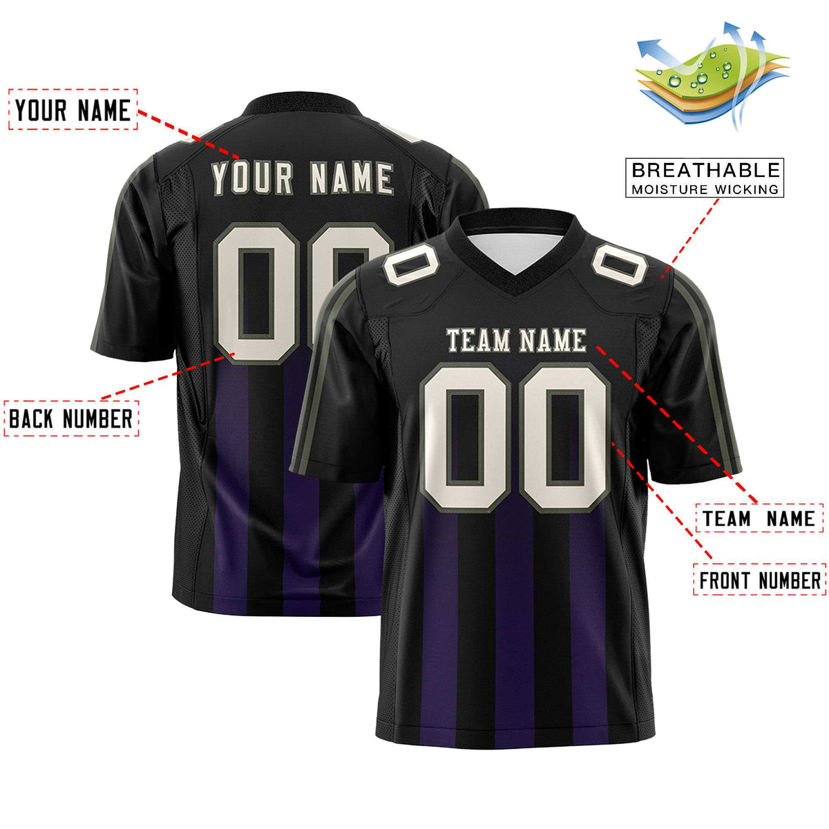 Custom Black Purple Vertical Fine Stripe Gradient Fashion Personalized Team Football Jersey