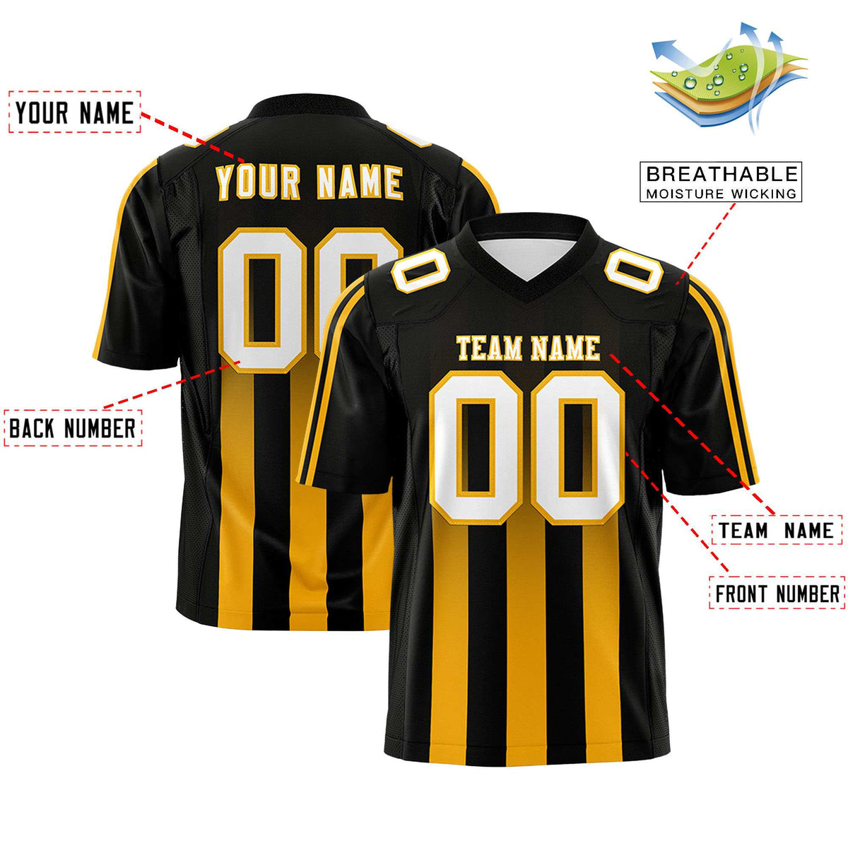Custom Black Yellow Vertical Fine Stripe Gradient Fashion Personalized Team Football Jersey