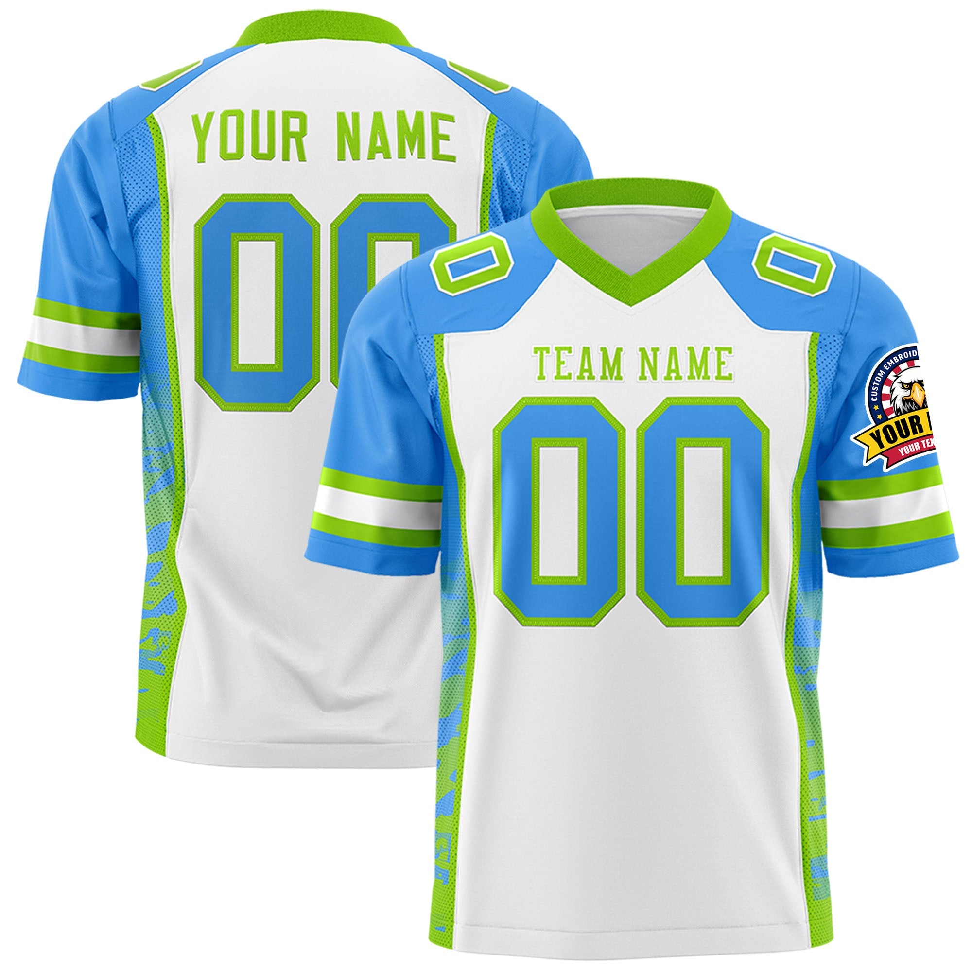 Custom White Powder Blue-Neon Green Raglan Sleeves Personalized Side Pattern Authentic Football Jersey