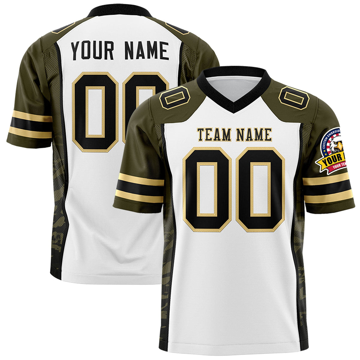 Custom White Olive-Black Raglan Sleeves Personalized Side Pattern Authentic Football Jersey