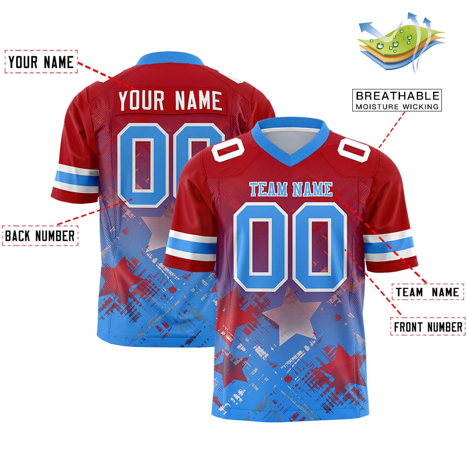 Custom Red and Light Blue Customize Flag Football Jersey - 7v7 Uniform| KXKSHOP