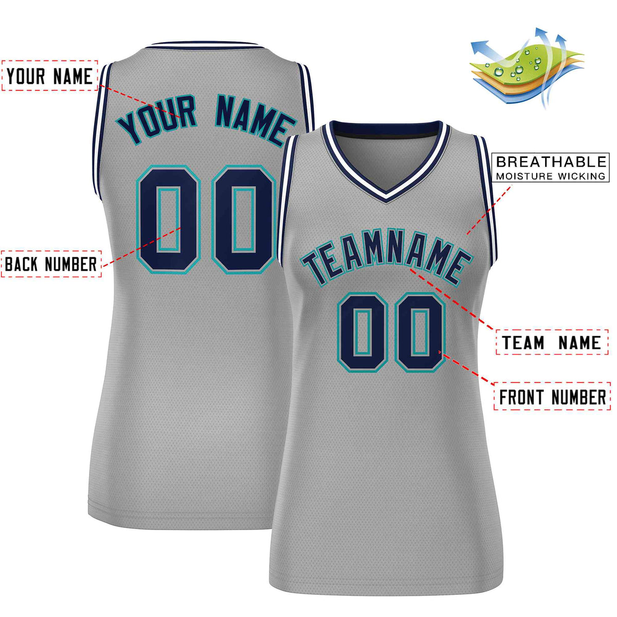 Custom Gray Navy-Aqua Classic Tops Mesh Basketball Jersey for Women