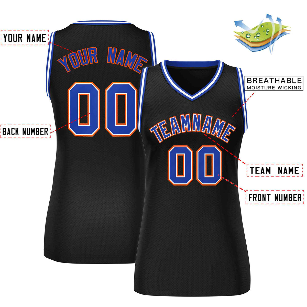 Custom Black Royal-Orange Classic Tops Mesh Basketball Jersey for Women