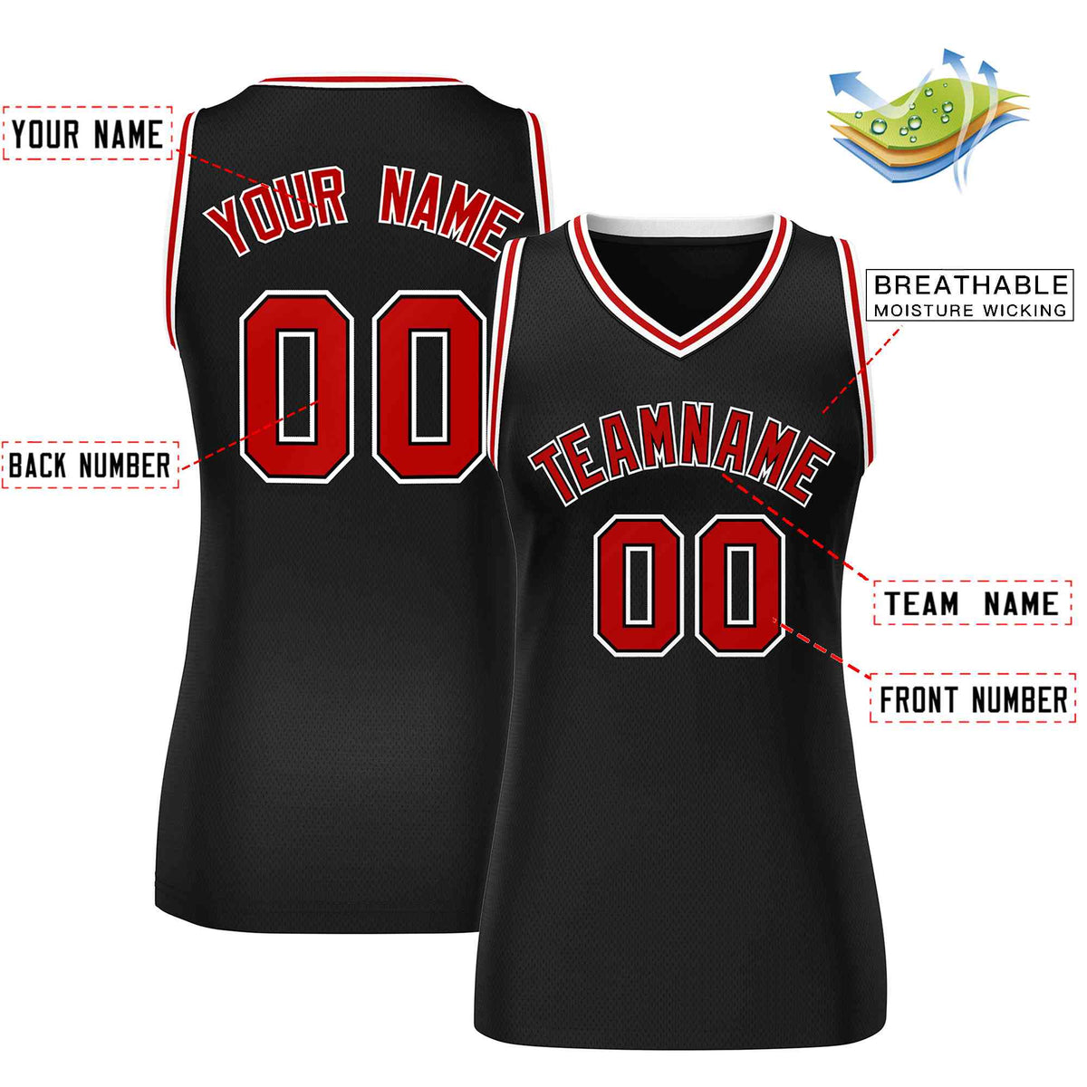 Custom Black Red-White Classic Tops Mesh Basketball Jersey for Women