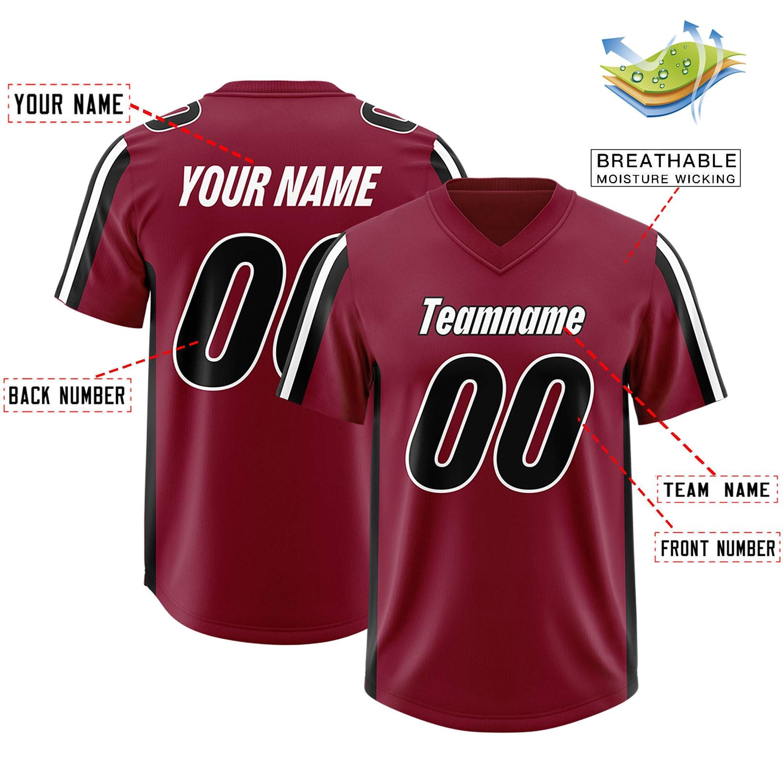 Custom Cardinal Black and White Side Stripe Pattern Authentic Football Jersey