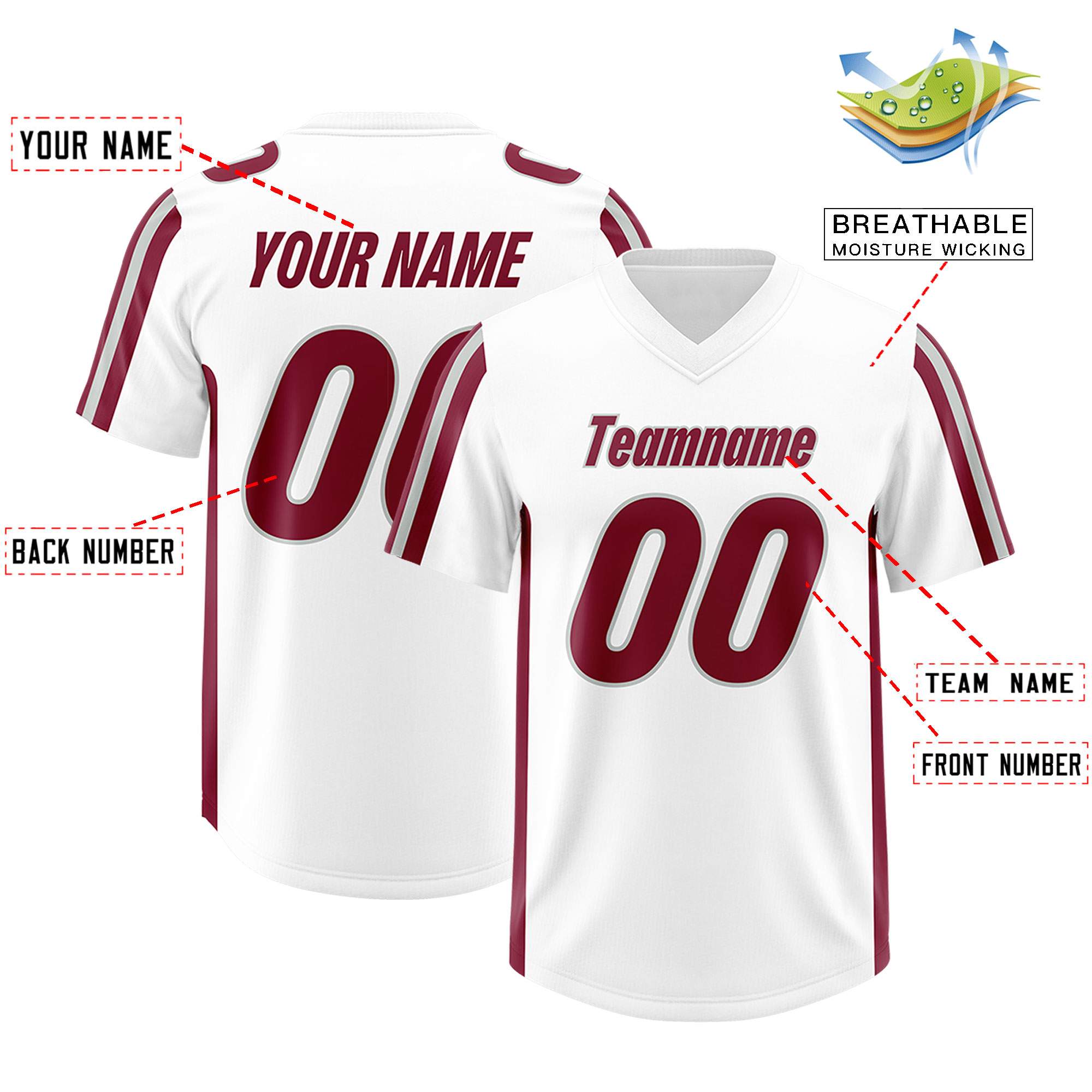 Custom White Crimson and Gray Side Stripe Pattern Authentic Football Jersey