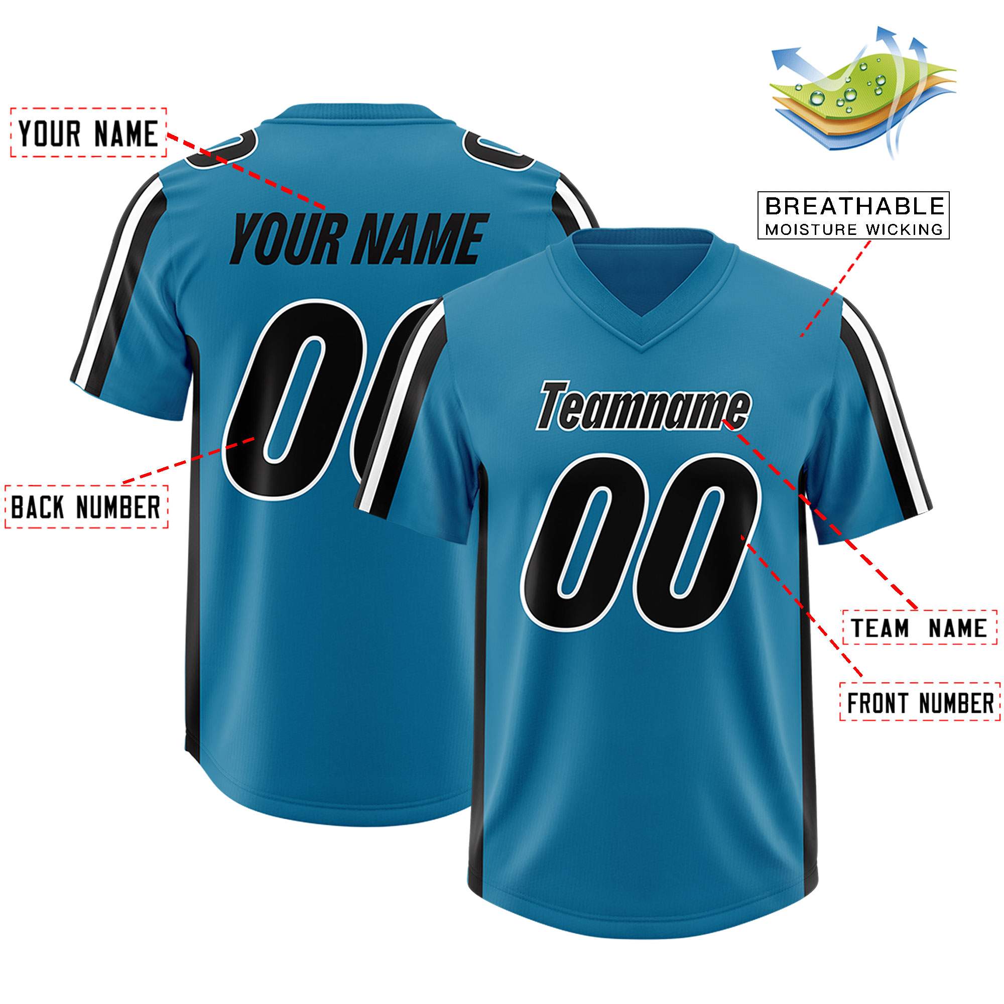 Custom Panther Blue Black and White Side Stripe Pattern Authentic Football Jersey