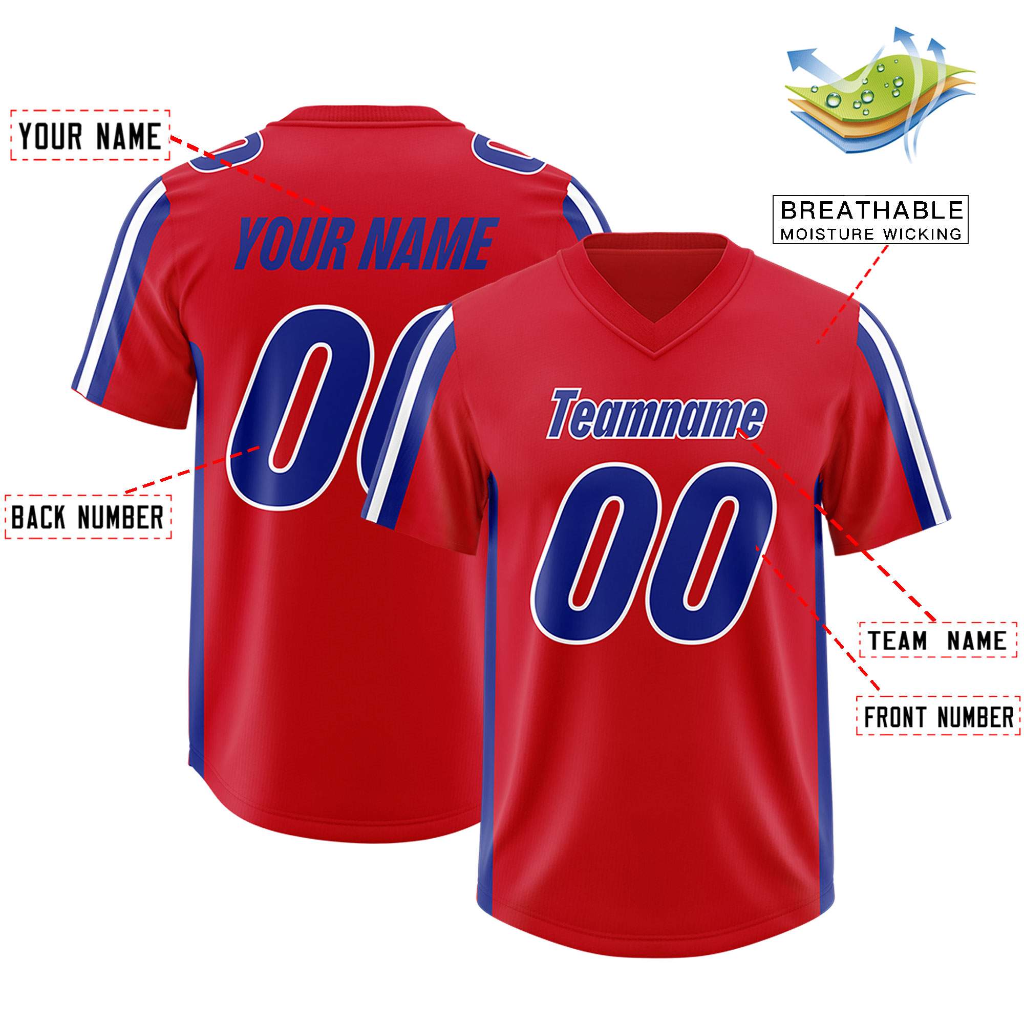 Custom Red Royal and White Side Stripe Pattern Authentic Football Jersey