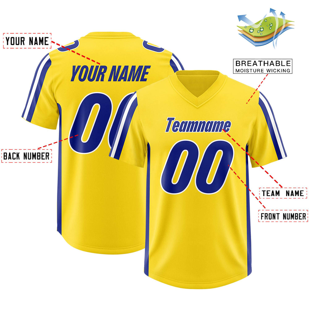 Custom Gold Royal and White Side Stripe Pattern Authentic Football Jersey