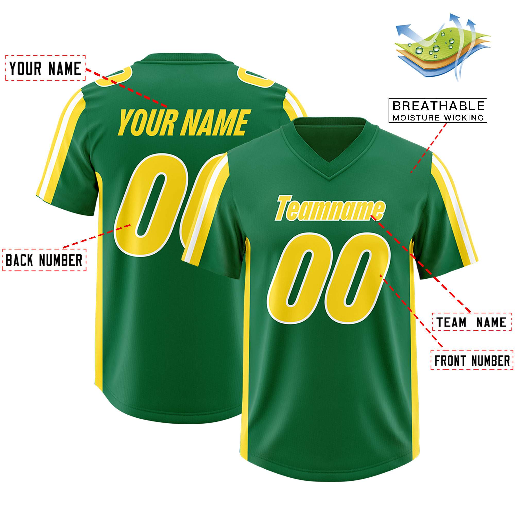 Custom Kelly Green Gold and White Side Stripe Pattern Authentic Football Jersey