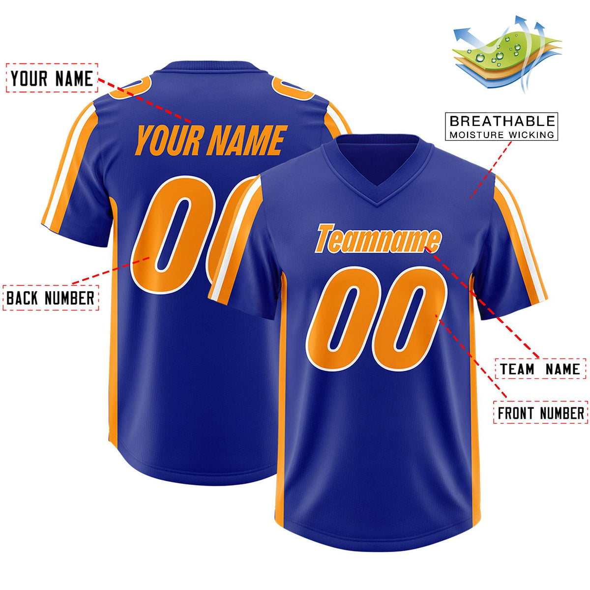 Custom Royal Gold Orange and White Side Stripe Pattern Authentic Football Jersey