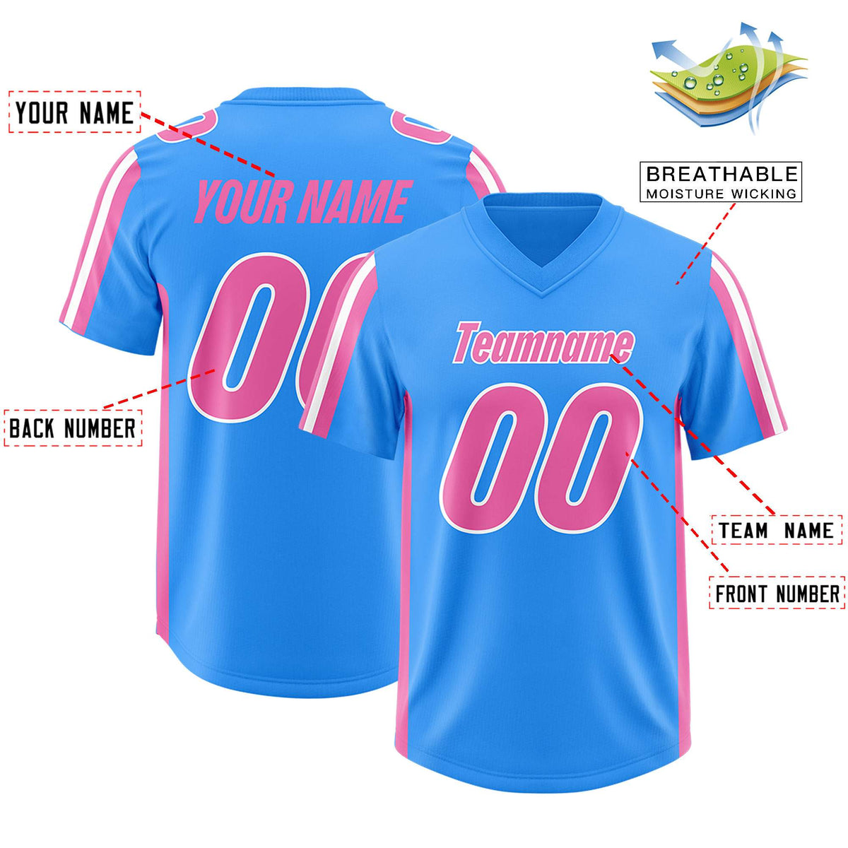 Custom Light Blue Pink and White Side Stripe Pattern Authentic Football Jersey