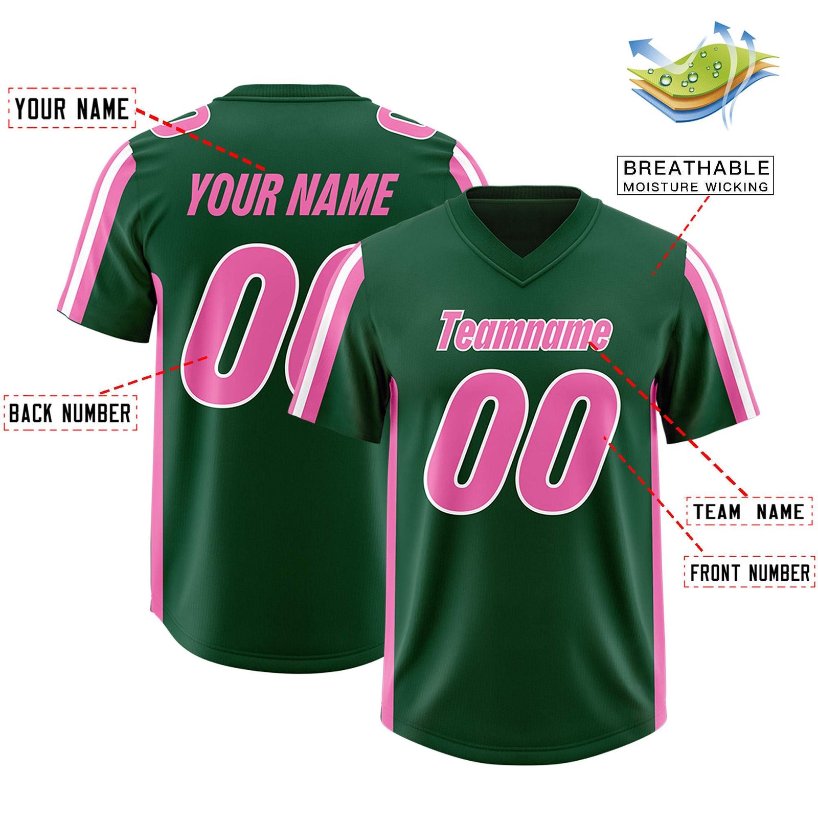 Custom Green Pink and White Side Stripe Pattern Authentic Football Jersey