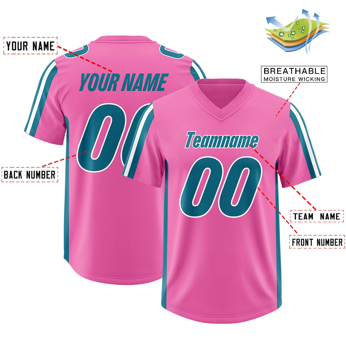 Custom Pink Aqua and White Side Stripe Pattern Authentic Football Jersey