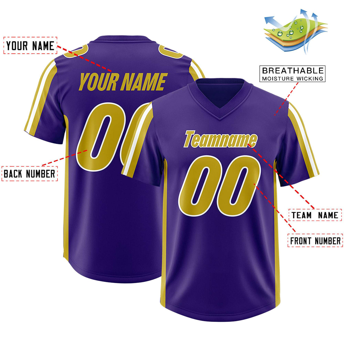 Custom Purple Old Gold and White Side Stripe Pattern Authentic Football Jersey