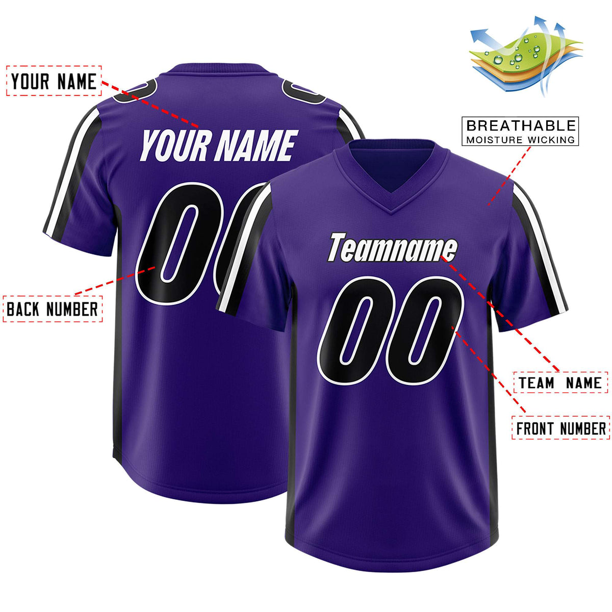 Custom Purple Black and White Side Stripe Pattern Authentic Football Jersey