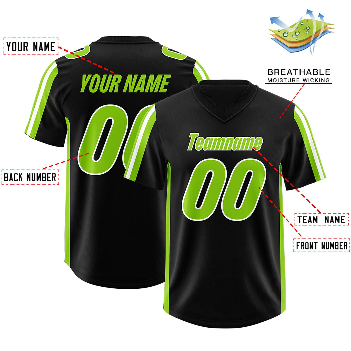 Custom Black Neon Green and White Side Stripe Pattern Authentic Football Jersey