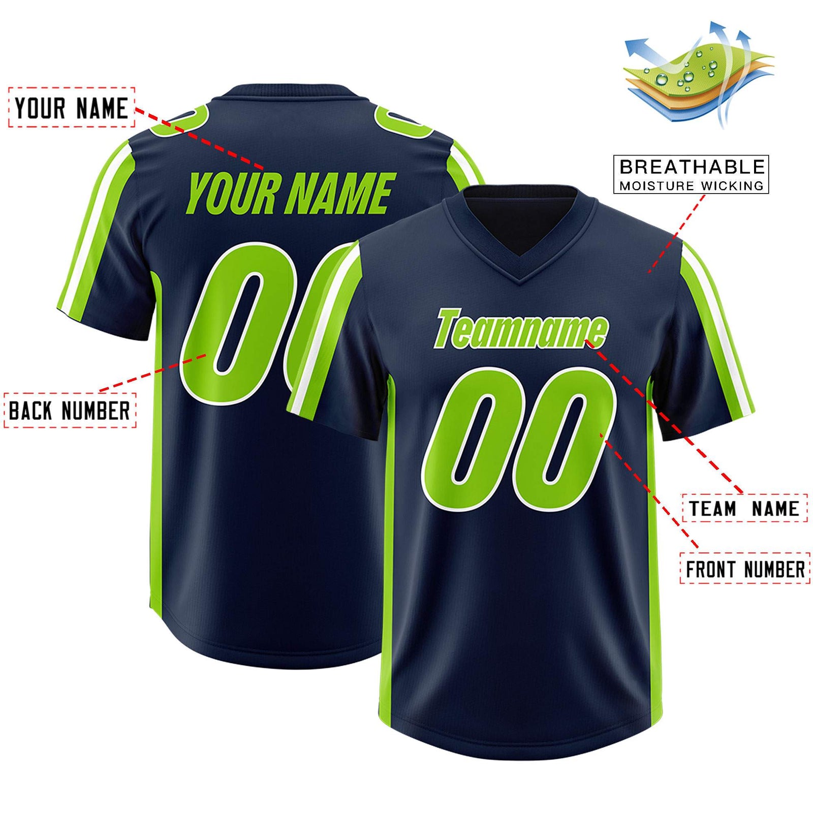 Custom Navy Neon Green and White Side Stripe Pattern Authentic Football Jersey