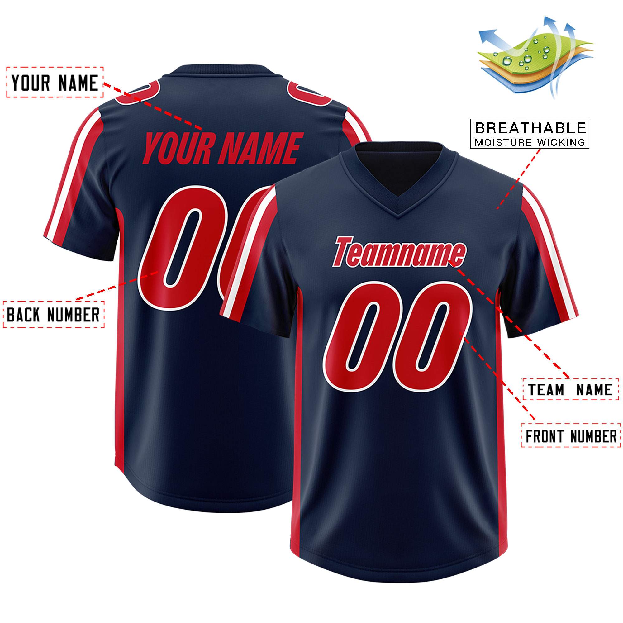 Custom Navy Red and White Side Stripe Pattern Authentic Football Jersey