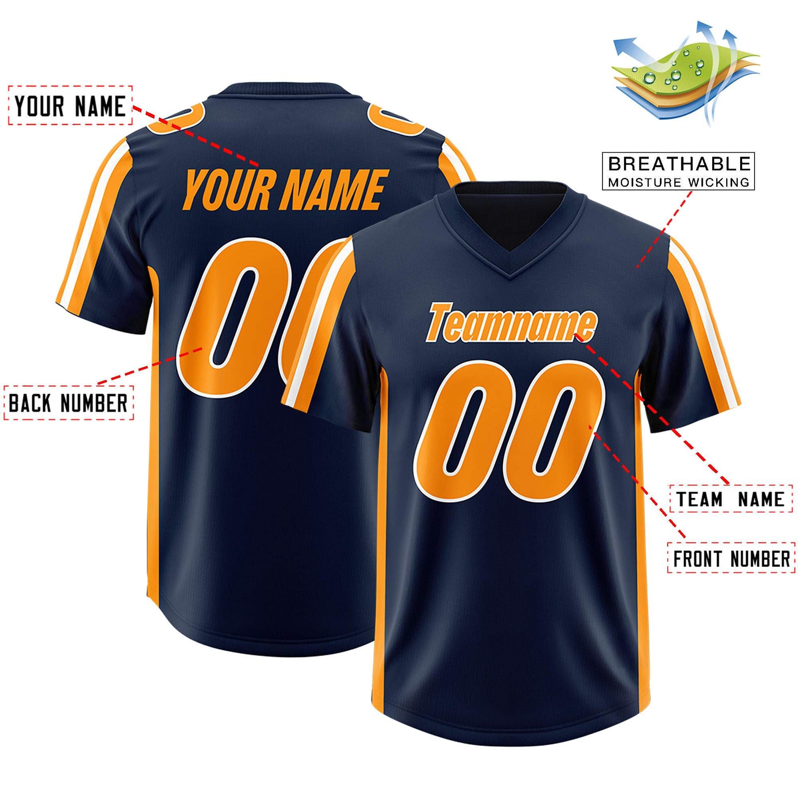 Custom Navy Orange and White Side Stripe Pattern Authentic Football Jersey