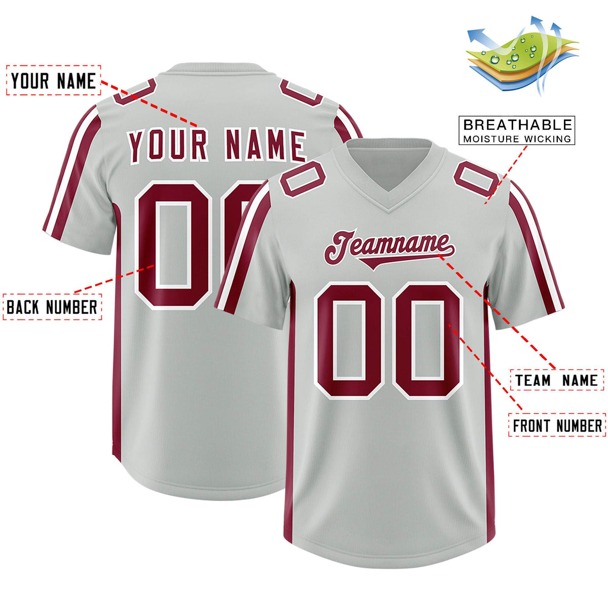 Custom Gray Crimson and White Side Stripe Pattern Authentic Football Jersey