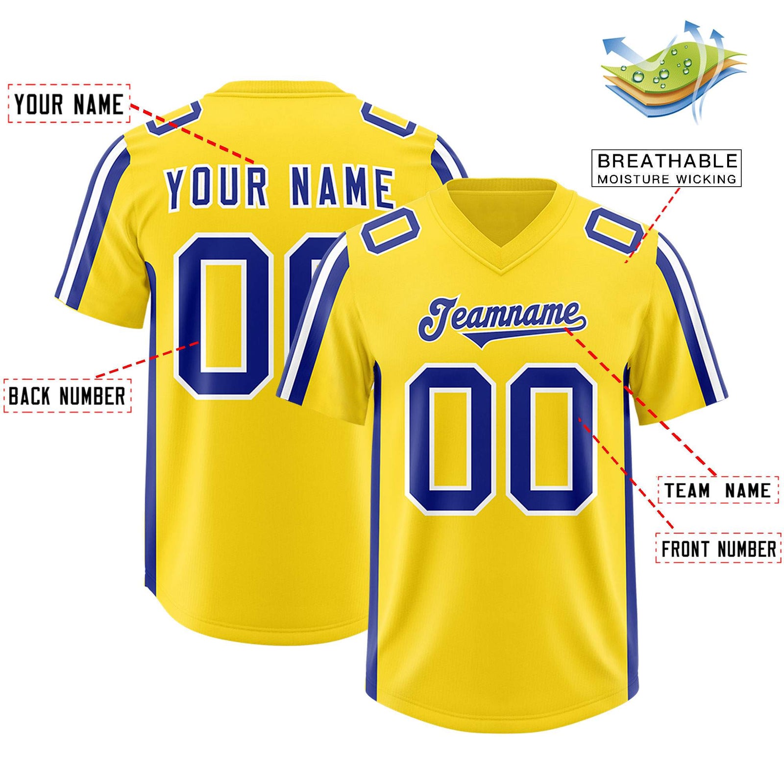Custom Gold Royal and White Side Stripe Pattern Authentic Football Jersey