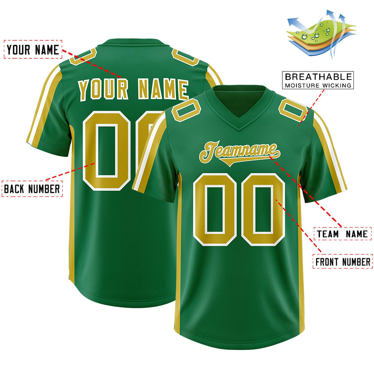 Custom Kelly Green Old Gold and White Side Stripe Pattern Authentic Football Jersey