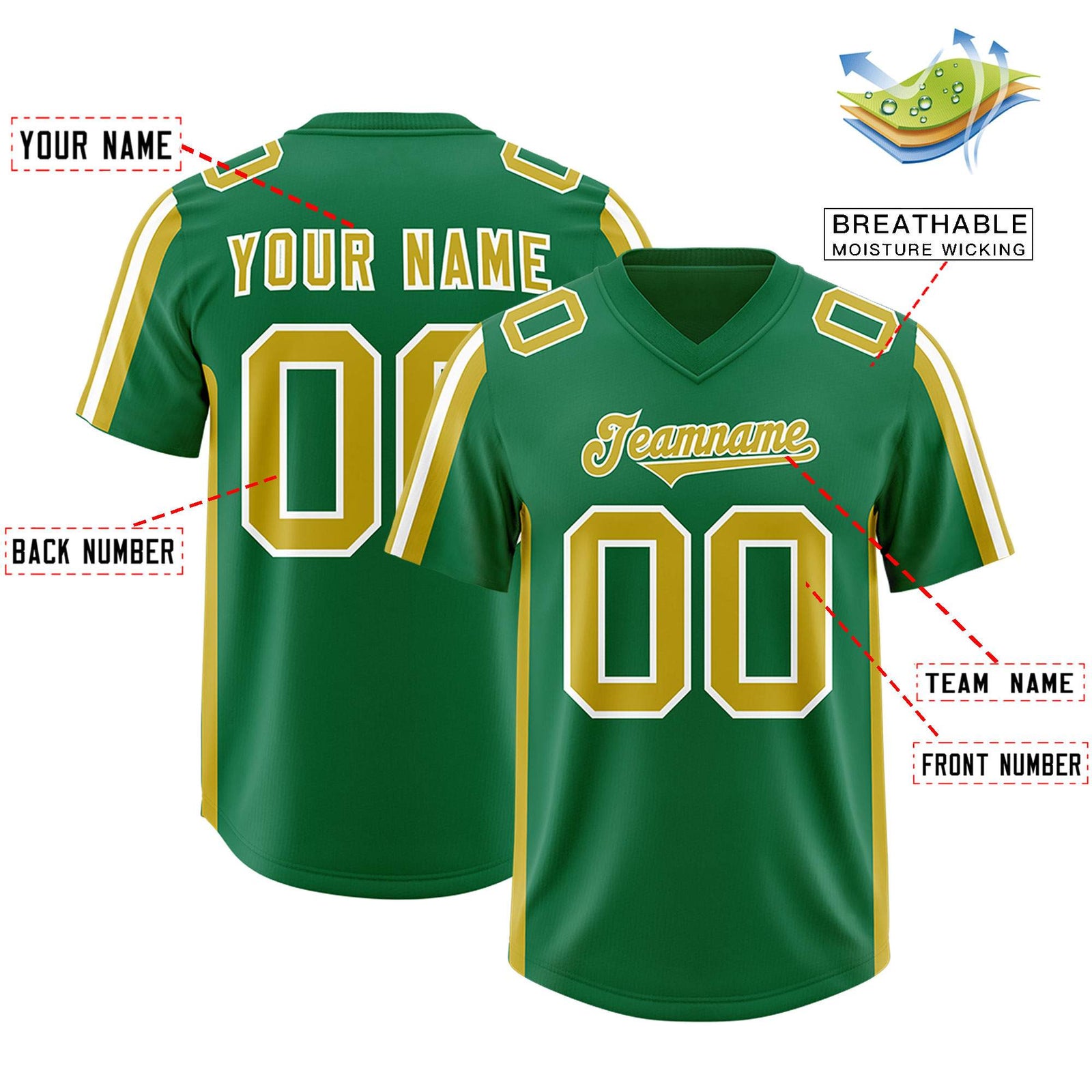 Custom Kelly Green Old Gold and White Side Stripe Pattern Authentic Football Jersey
