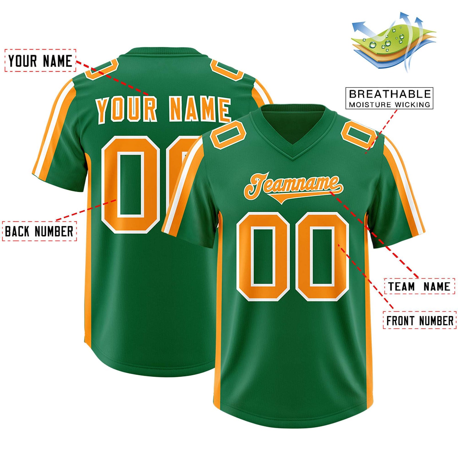 Custom Kelly Green Gold Orange and White Side Stripe Pattern Authentic Football Jersey
